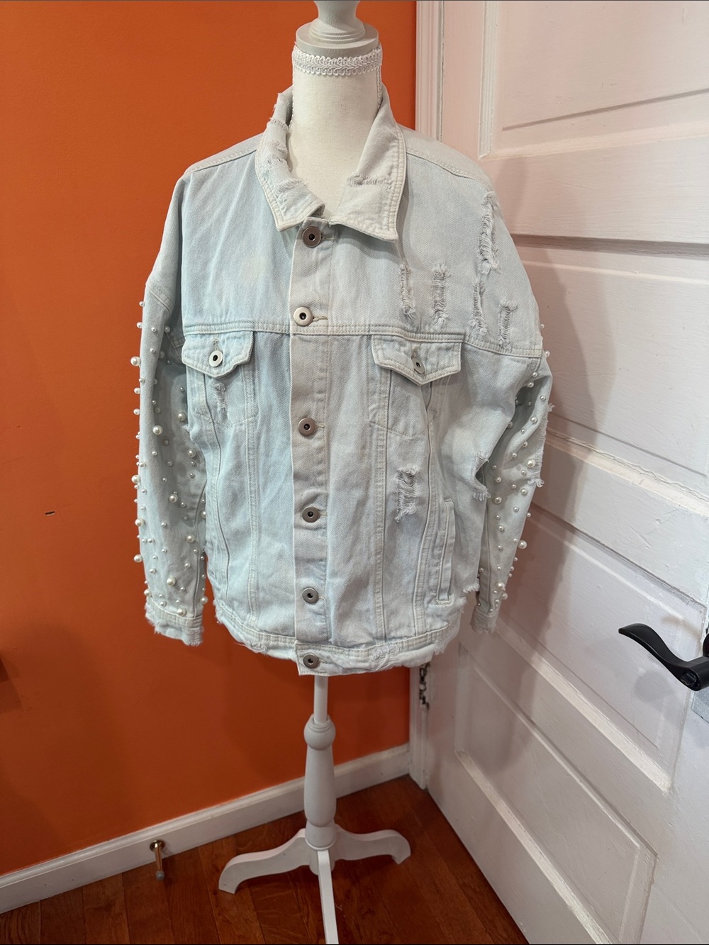 Light Blue Pearl-Detail Distressed Denim Jacket - Women